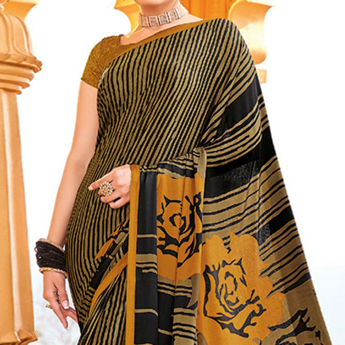 Beige Printed Crepe Saree - Peachmode