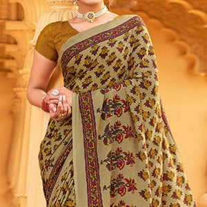 Beige Printed Crepe Saree - Peachmode