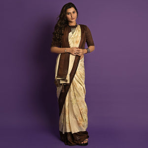 Beige Printed-Embellished Chiffon Saree - Peachmode