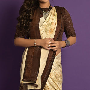 Beige Printed-Embellished Chiffon Saree - Peachmode