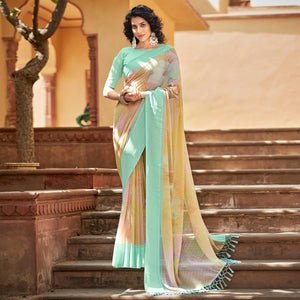 Beige Printed Georgette Saree With Tassels - Peachmode
