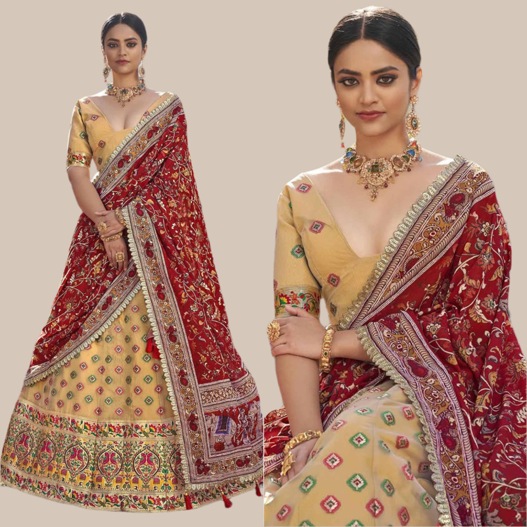Beige Printed Organza Lehenga Choli - Peachmode