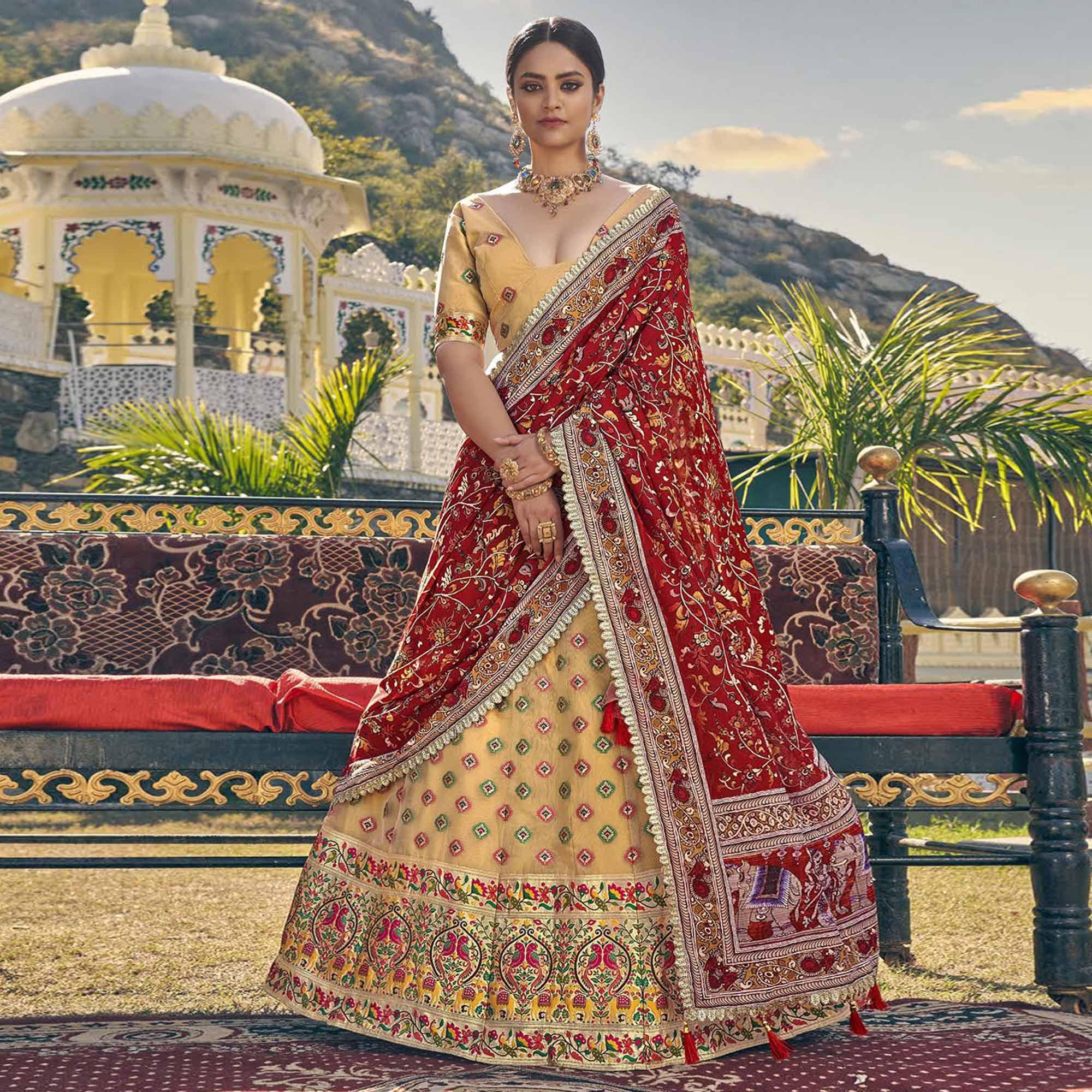 Beige Printed Organza Lehenga Choli - Peachmode