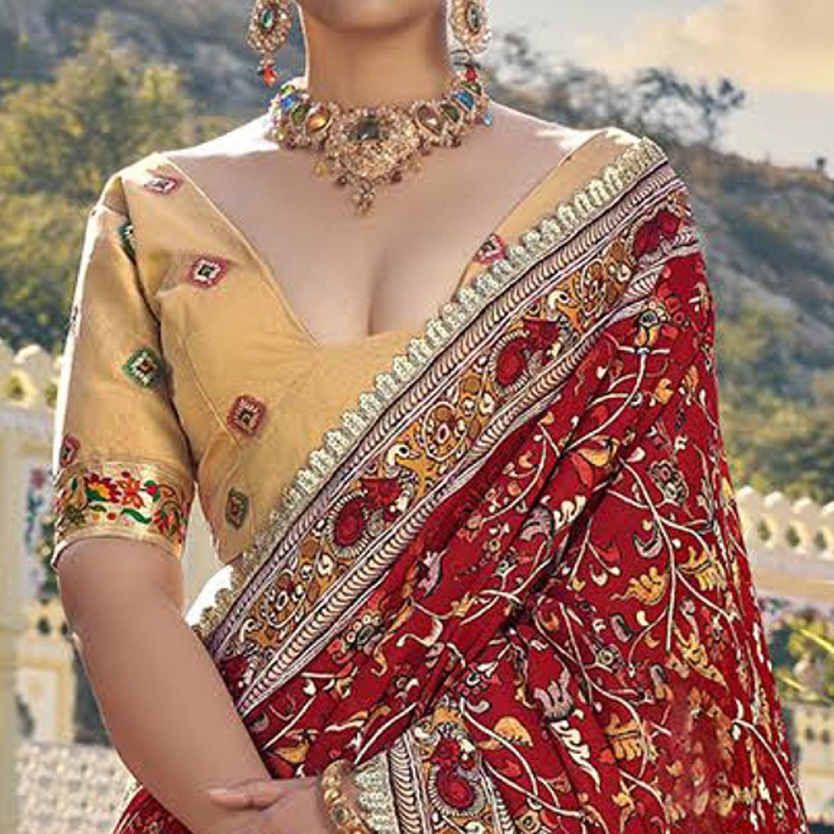 Beige Printed Organza Lehenga Choli - Peachmode