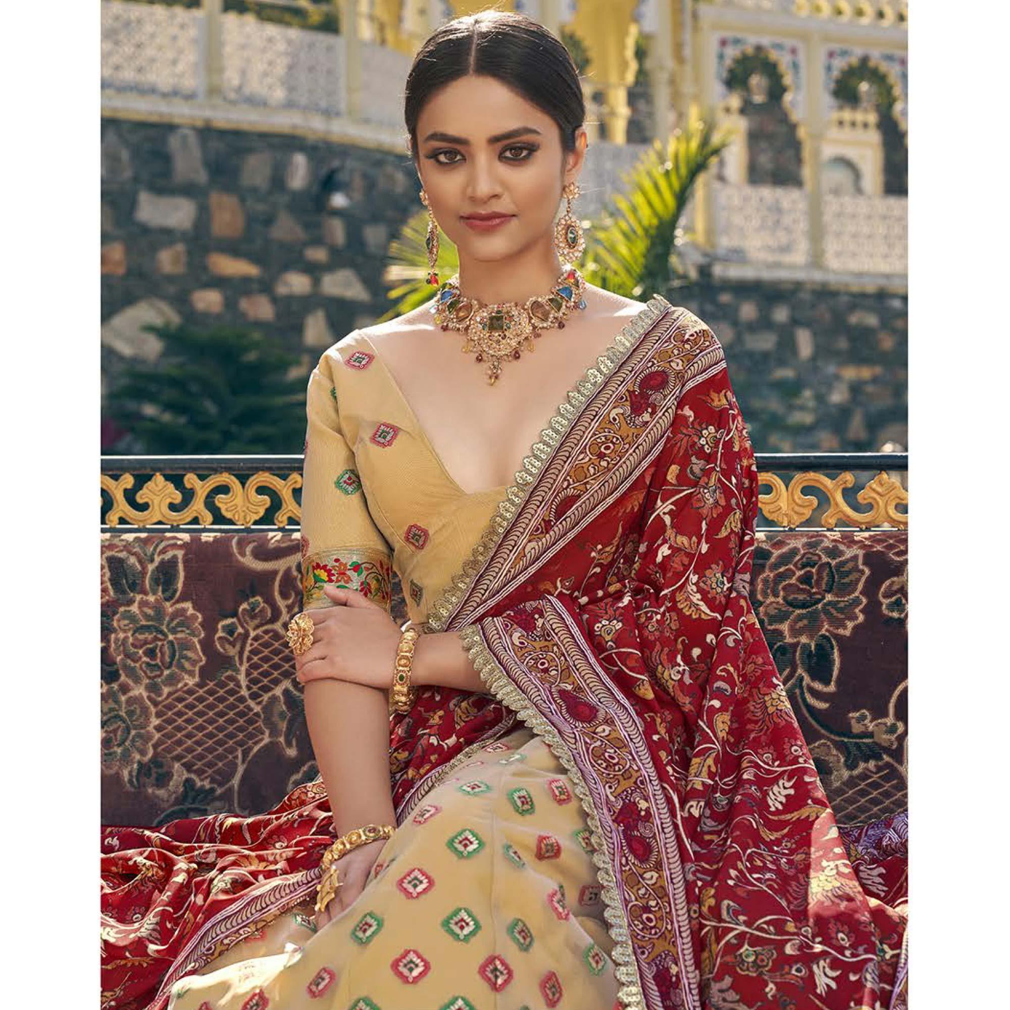 Beige Printed Organza Lehenga Choli - Peachmode
