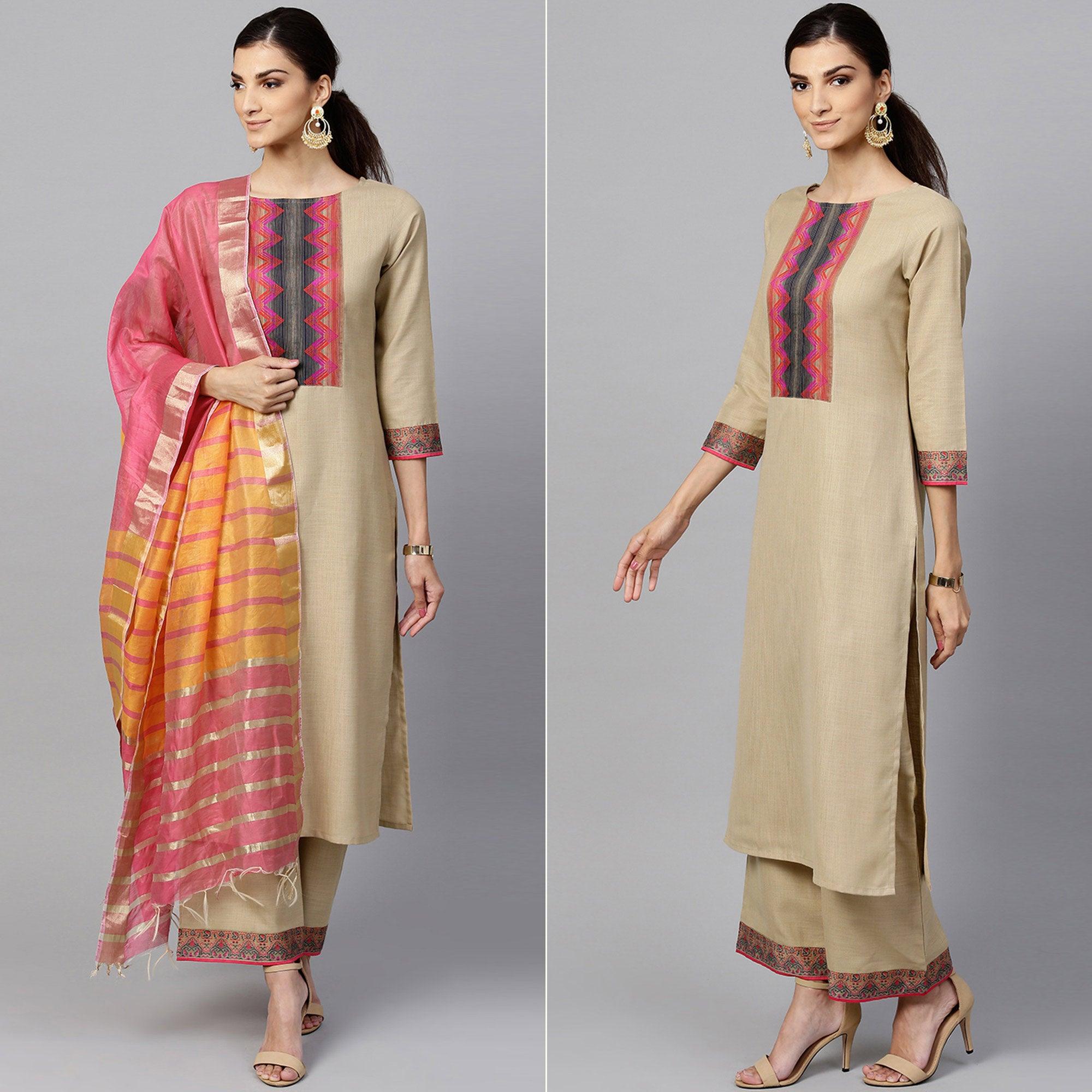 Beige Printed Poly Cotton Salwar Suit - Peachmode