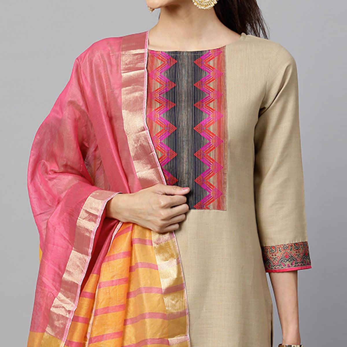 Beige Printed Poly Cotton Salwar Suit - Peachmode
