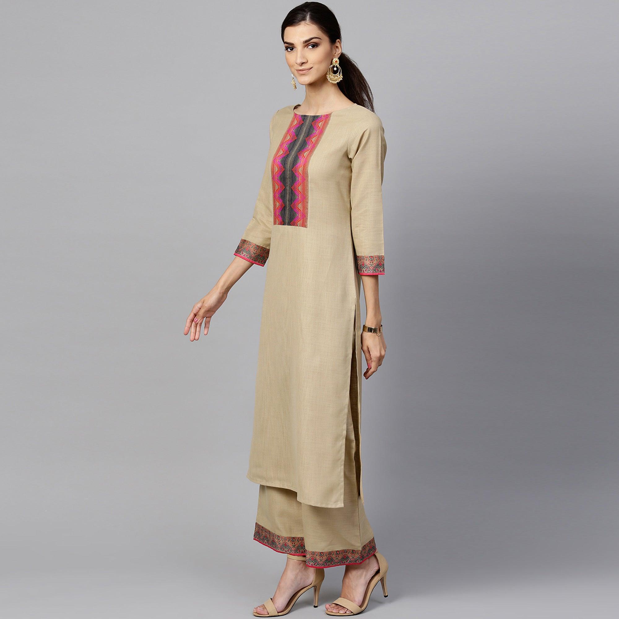 Beige Printed Poly Cotton Salwar Suit - Peachmode