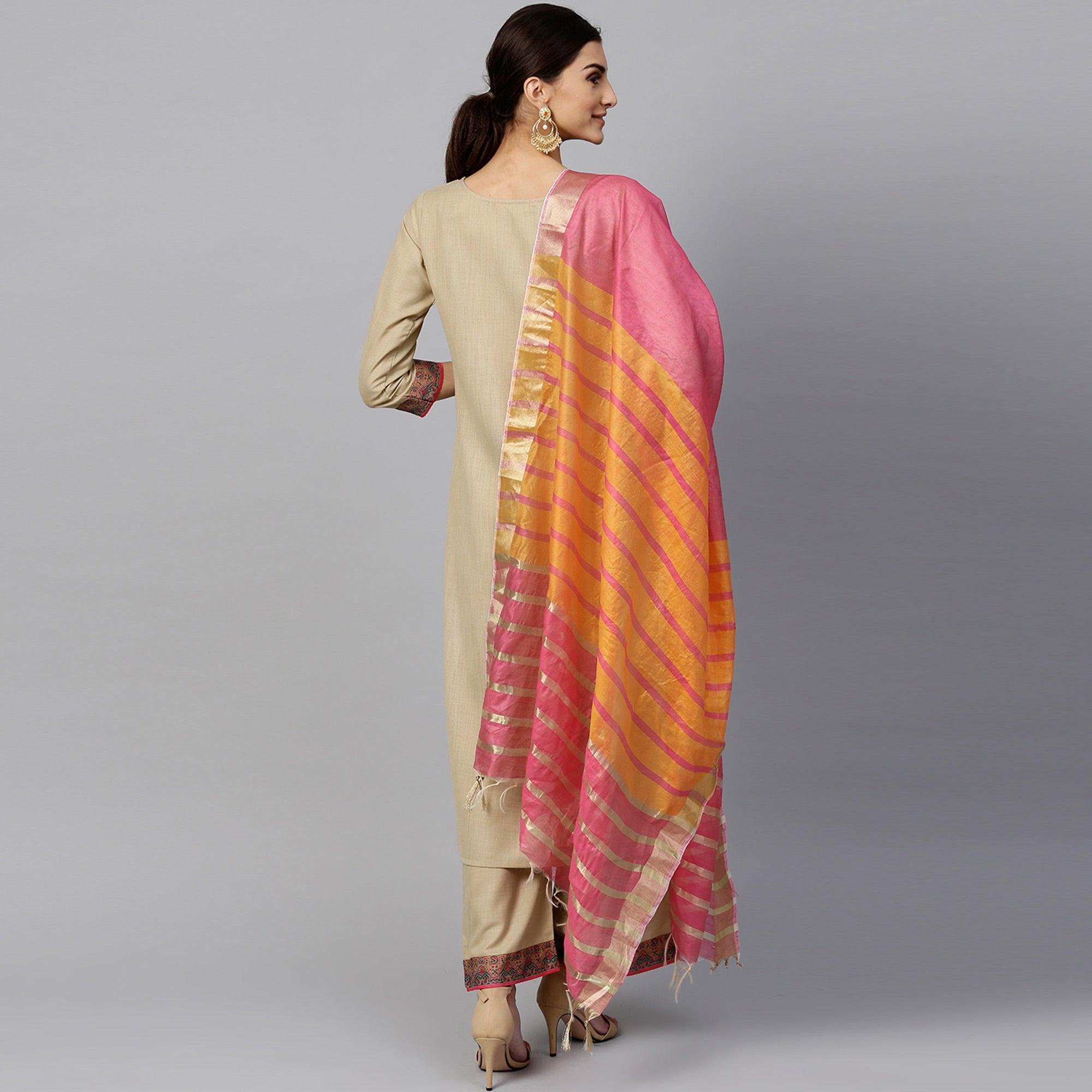 Beige Printed Poly Cotton Salwar Suit - Peachmode