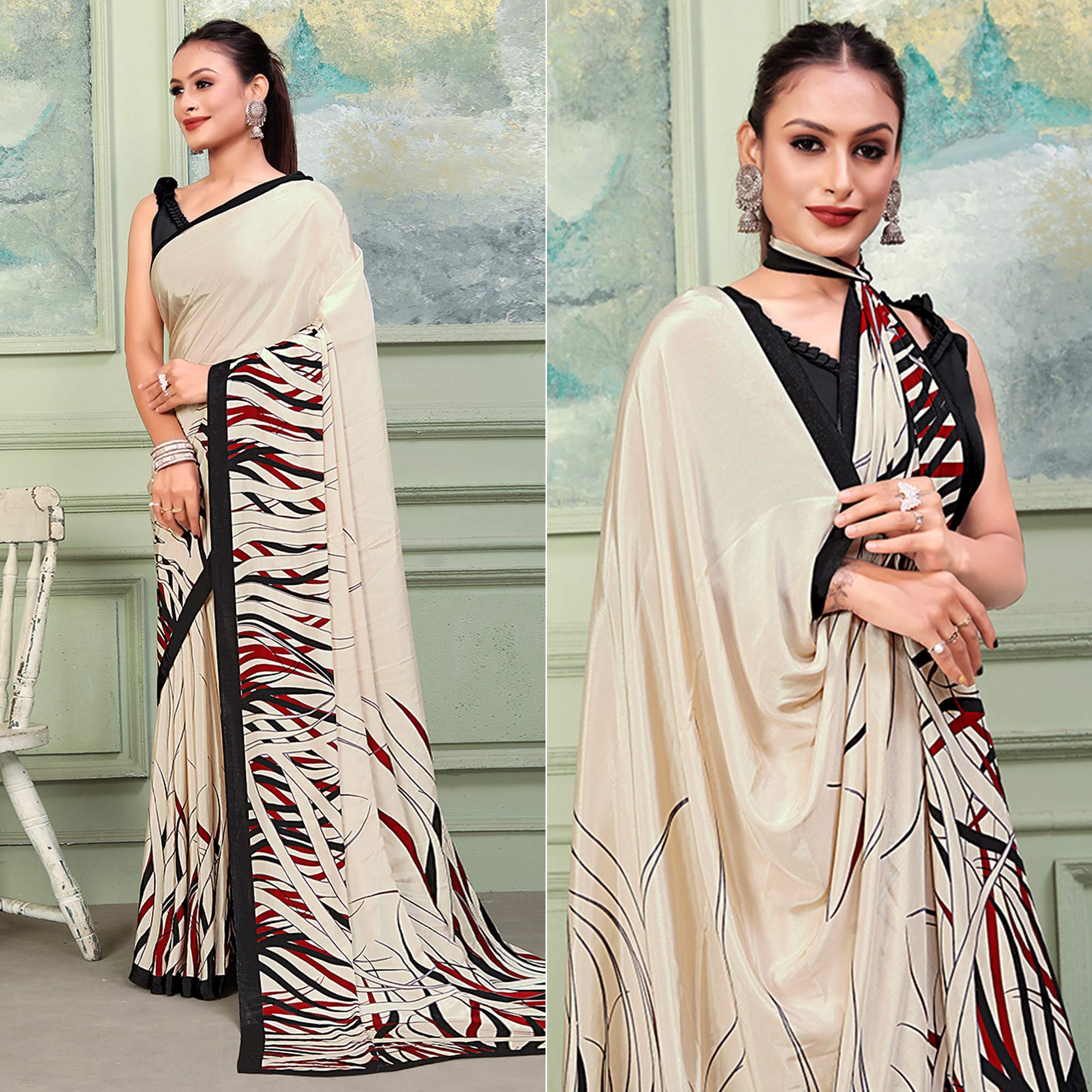 Beige Printed Raw Silk Saree - Peachmode