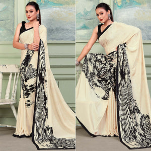 Beige Printed Raw Silk Saree - Peachmode
