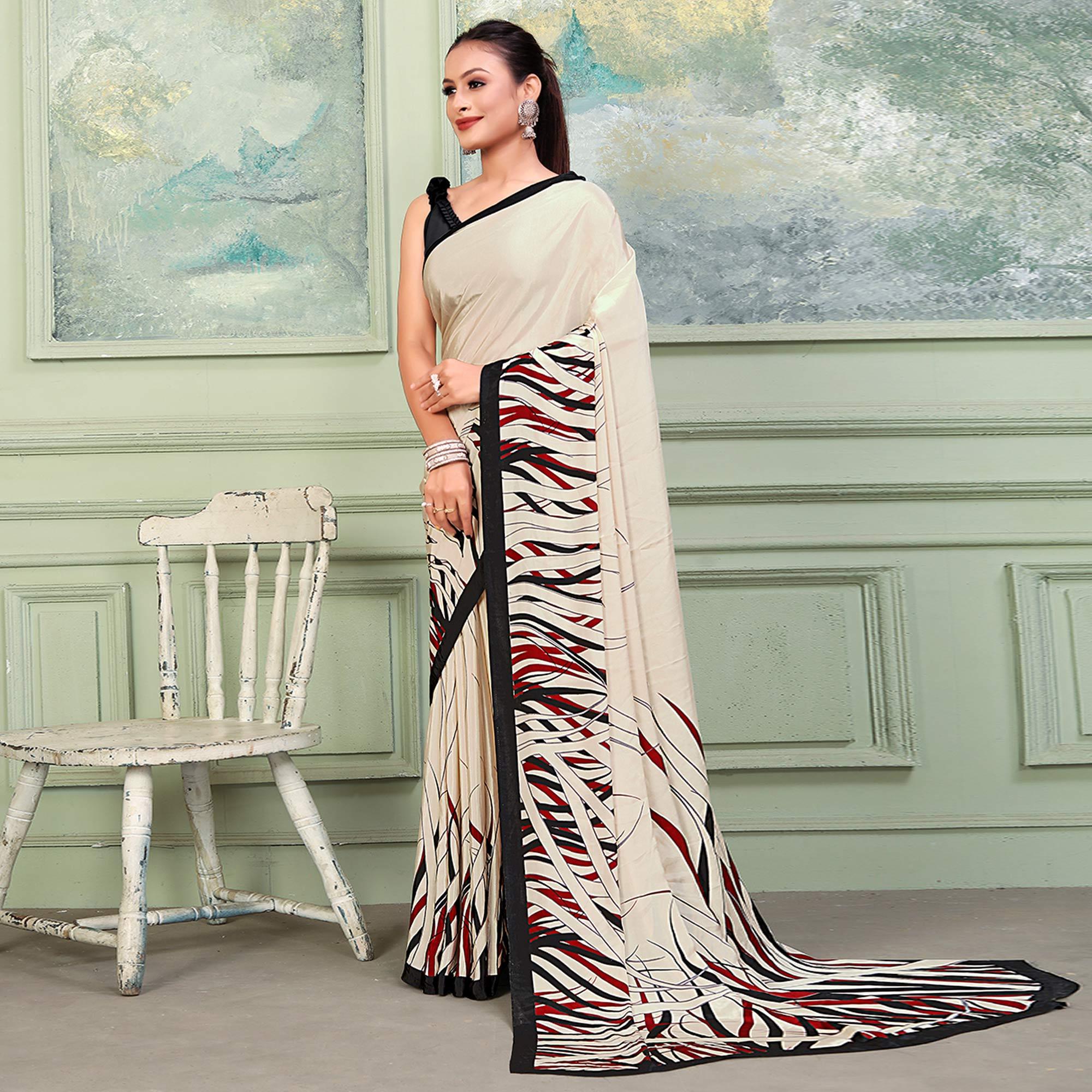 Beige Printed Raw Silk Saree - Peachmode