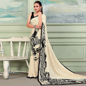 Beige Printed Raw Silk Saree - Peachmode