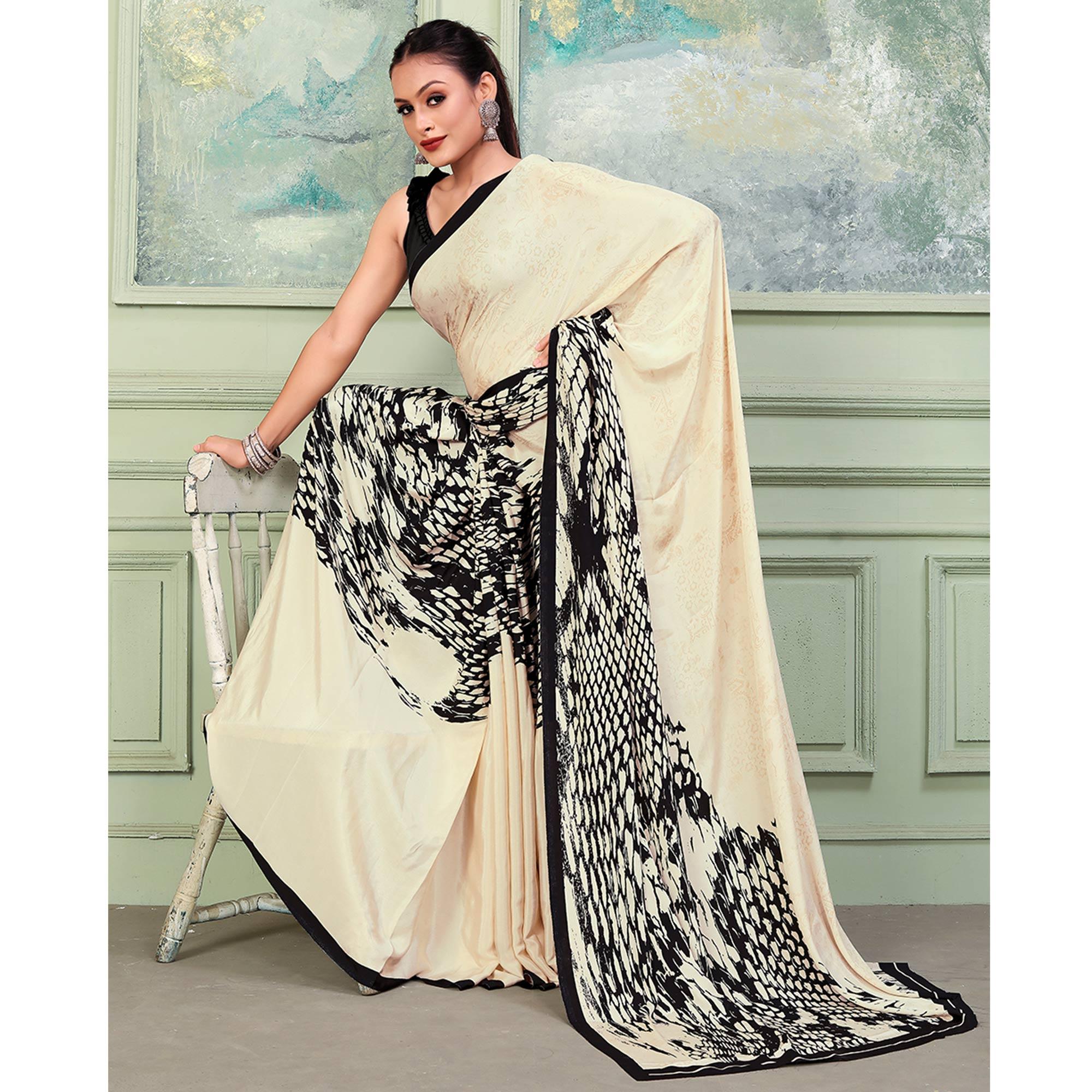 Beige Printed Raw Silk Saree - Peachmode