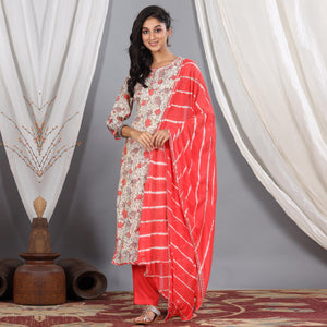 Beige - Red Casual Wear Printed Cotton Kurti - Pant Set With Dupatta - Peachmode
