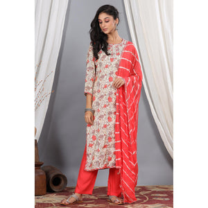 Beige - Red Casual Wear Printed Cotton Kurti - Pant Set With Dupatta - Peachmode