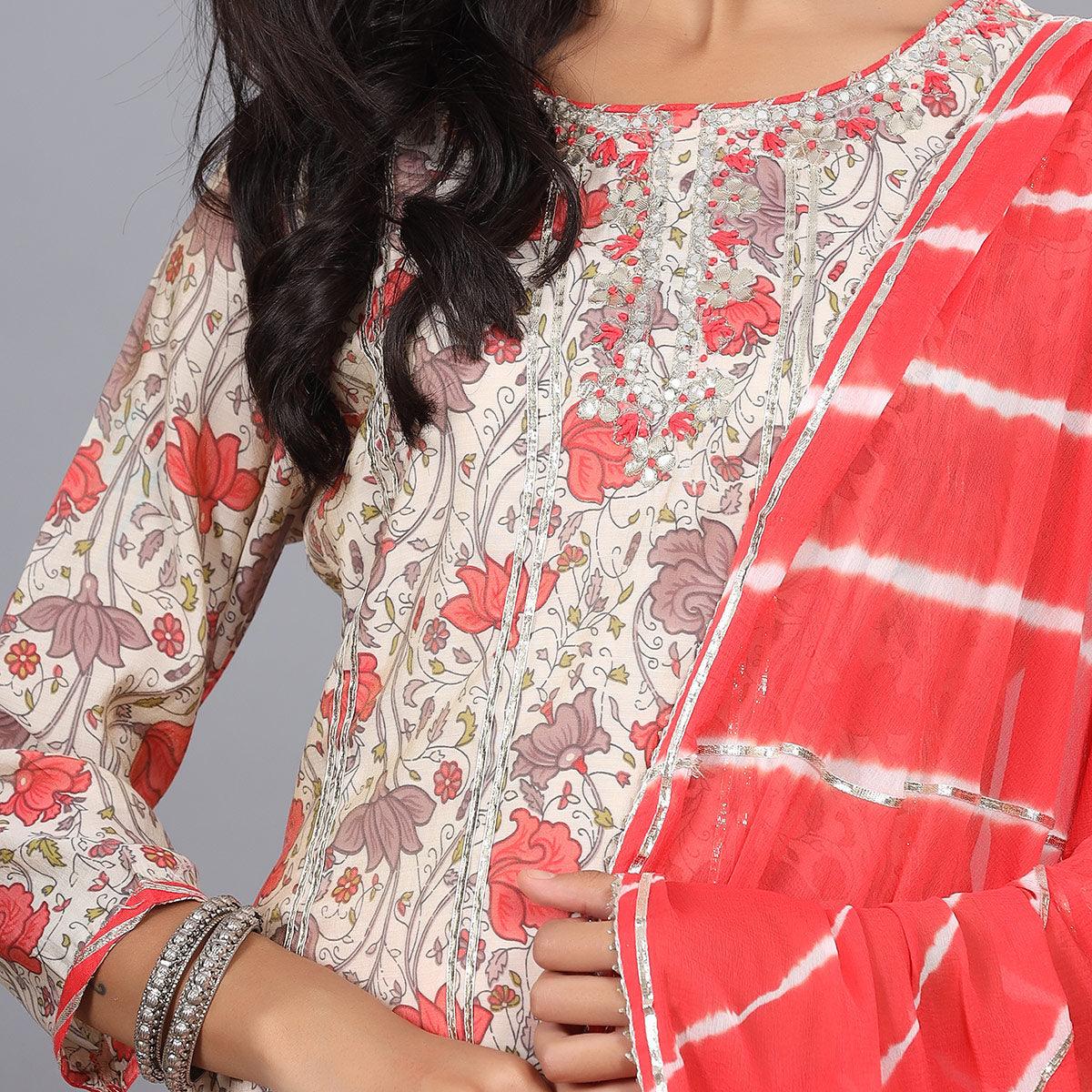 Beige - Red Casual Wear Printed Cotton Kurti - Pant Set With Dupatta - Peachmode