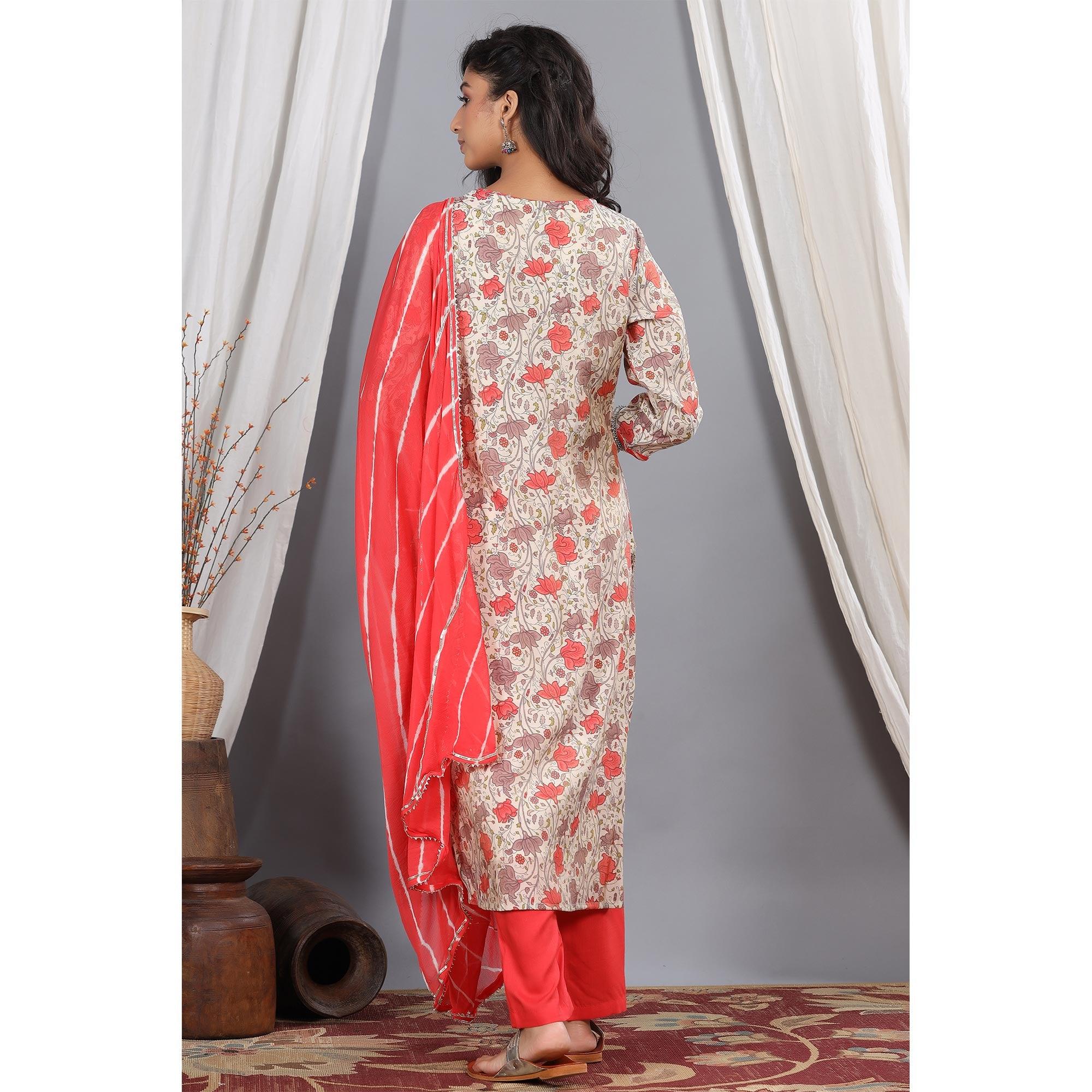 Beige - Red Casual Wear Printed Cotton Kurti - Pant Set With Dupatta - Peachmode