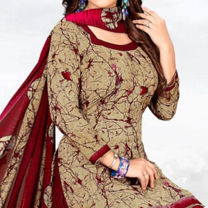 Beige-Red Casual Wear Printed Crepe Patiala Dress Material - Peachmode