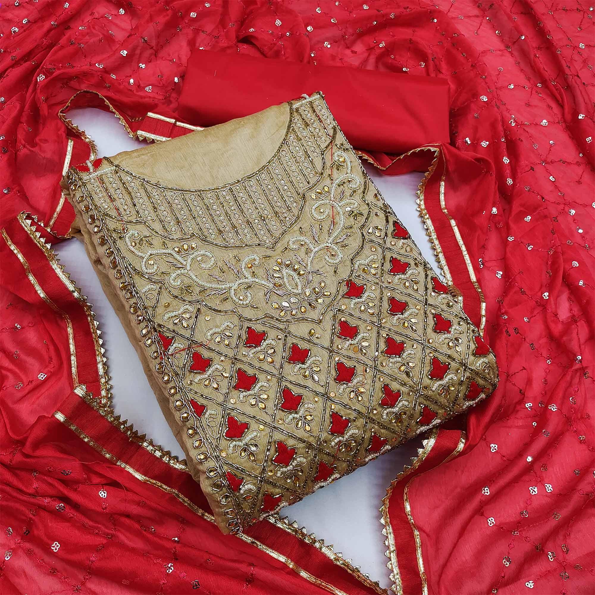 Beige-Red Embroidered Chanderi Dress Material - Peachmode