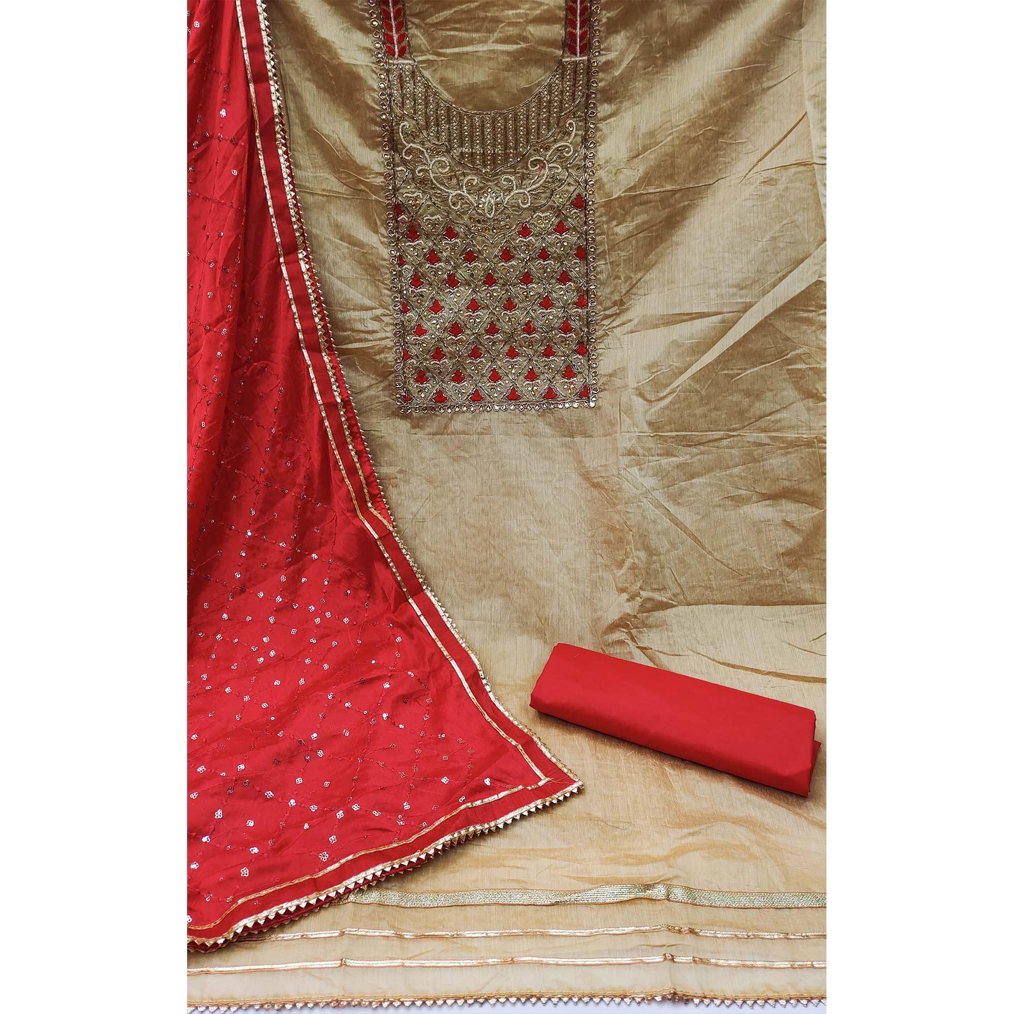 Beige-Red Embroidered Chanderi Dress Material - Peachmode