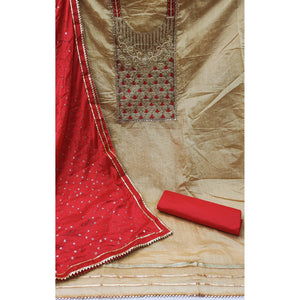 Beige-Red Embroidered Chanderi Dress Material - Peachmode