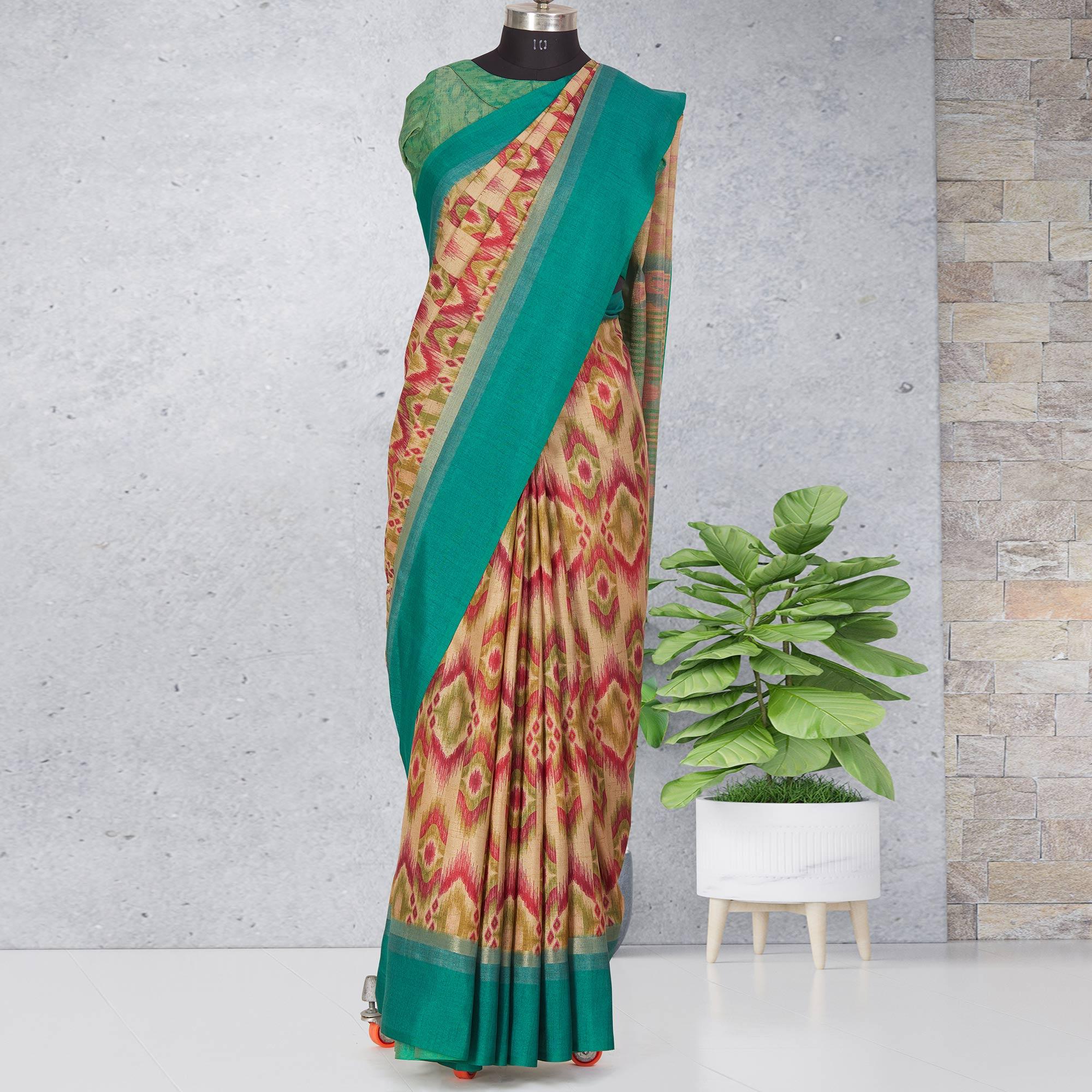 Beige-Red Festive Wear Digital Printed Cotton Saree - Peachmode