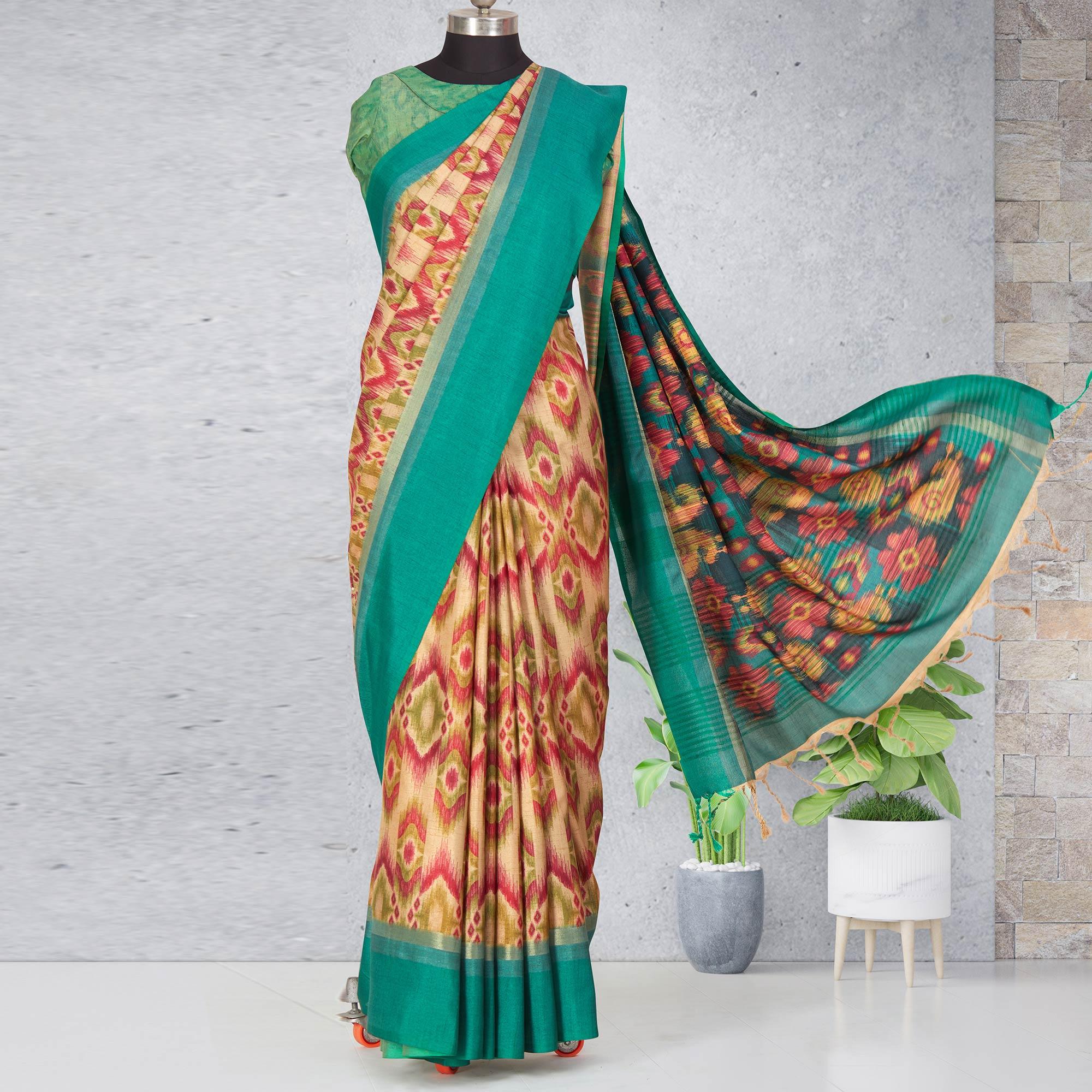 Beige-Red Festive Wear Digital Printed Cotton Saree - Peachmode