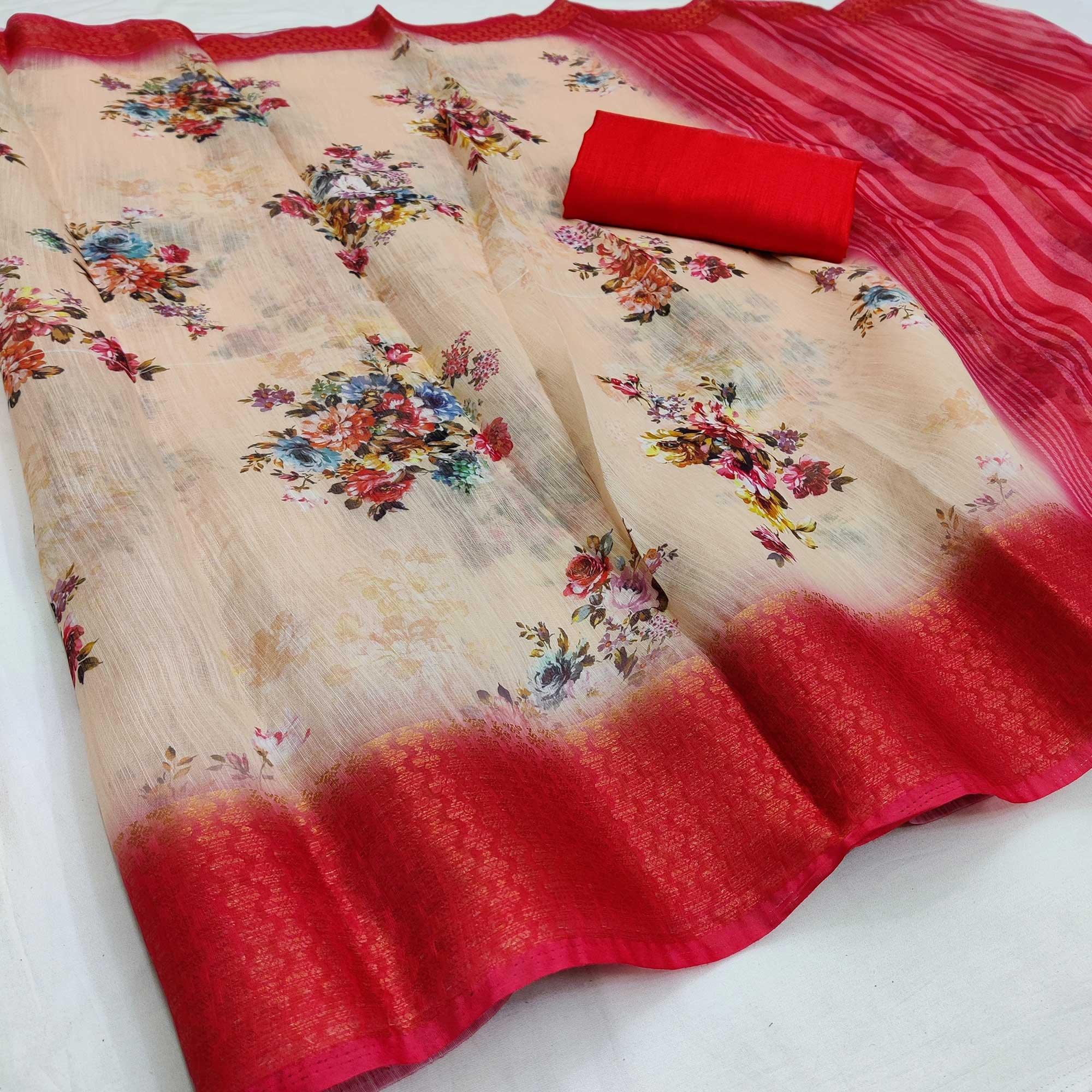 Beige-Red Festive Wear Floral Digital Printed With Woven Zari Border Cotton Saree - Peachmode