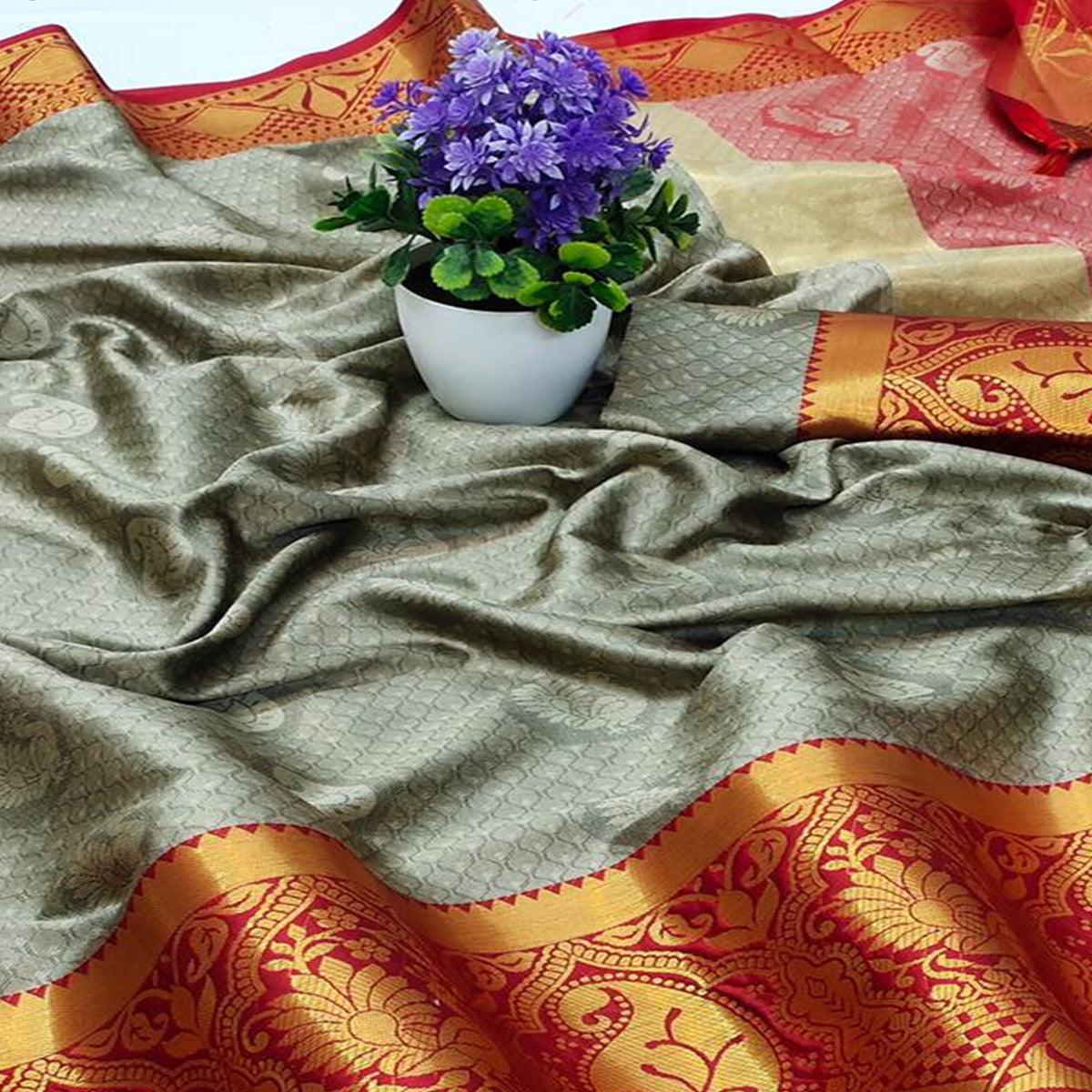 Beige - Red Festive Wear Woven Soft Cotton Saree - Peachmode