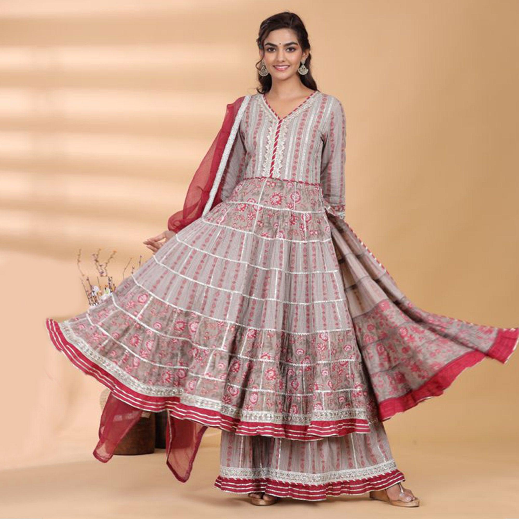 Beige - Red Partywear Floral Embroidered Cotton Palazzo Suit - Peachmode