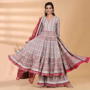 Beige - Red Partywear Floral Embroidered Cotton Palazzo Suit - Peachmode