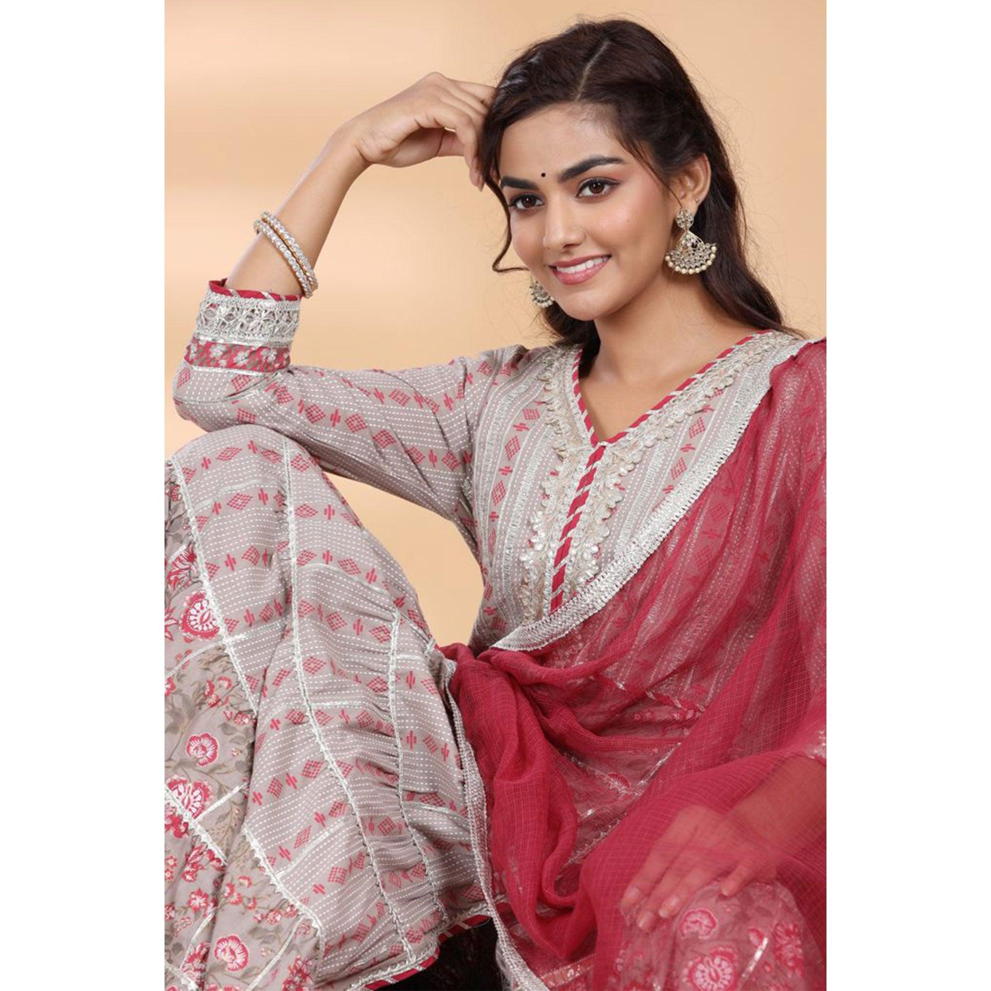 Beige - Red Partywear Floral Embroidered Cotton Palazzo Suit - Peachmode