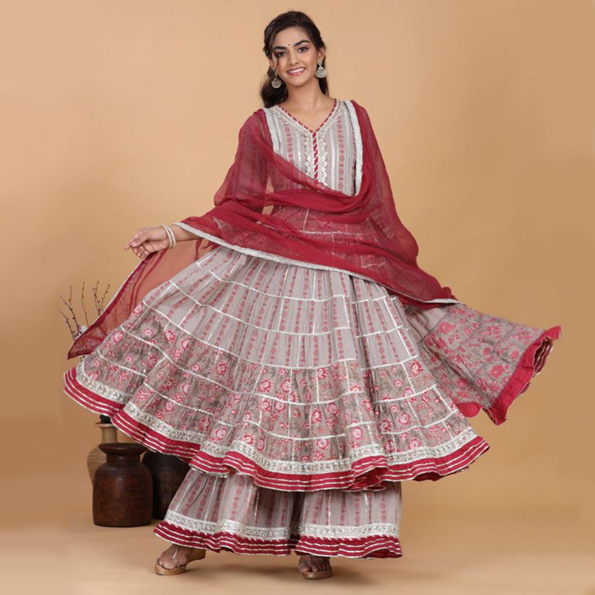 Beige - Red Partywear Floral Embroidered Cotton Palazzo Suit - Peachmode