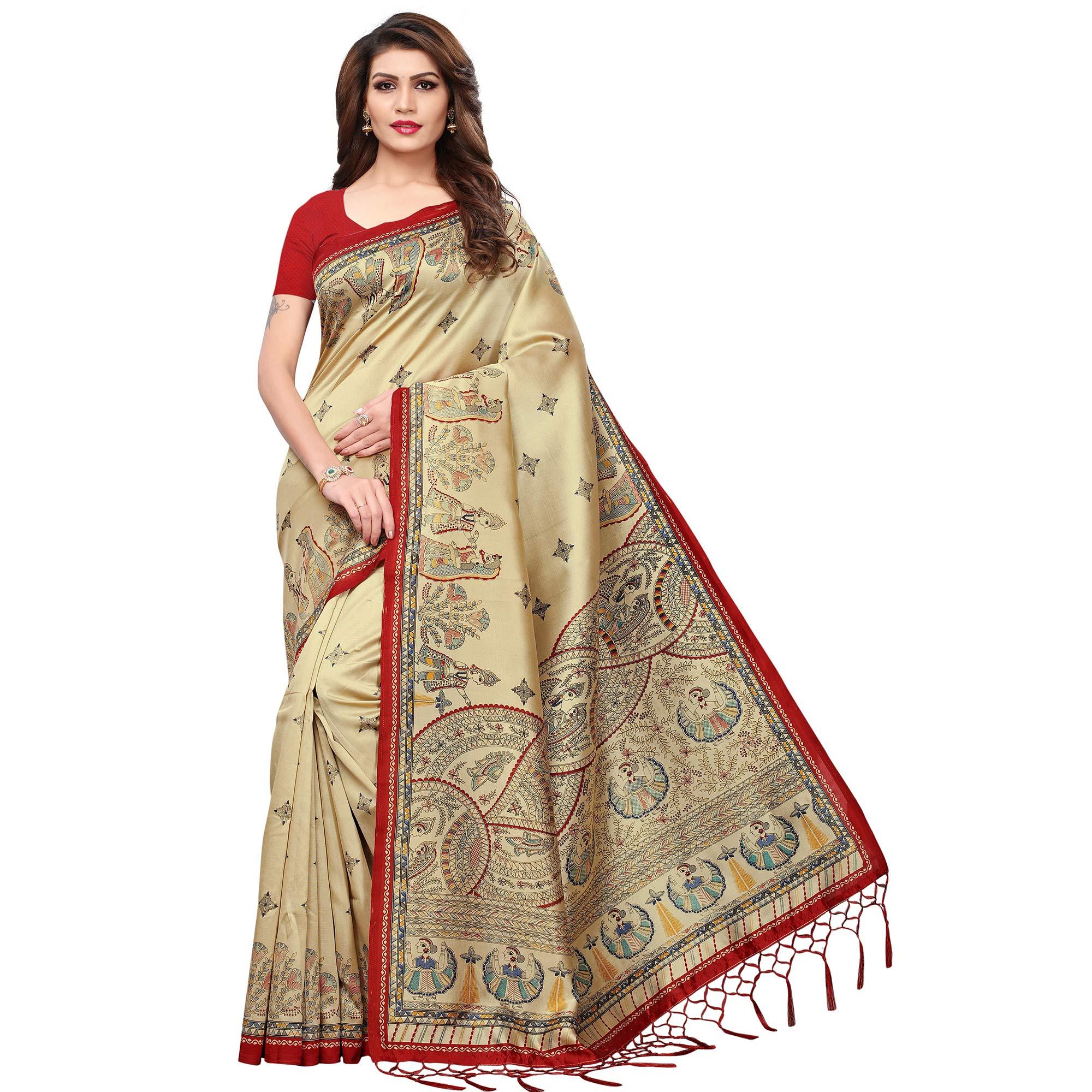 Beige-Red Printed Mysore Silk Saree - Peachmode