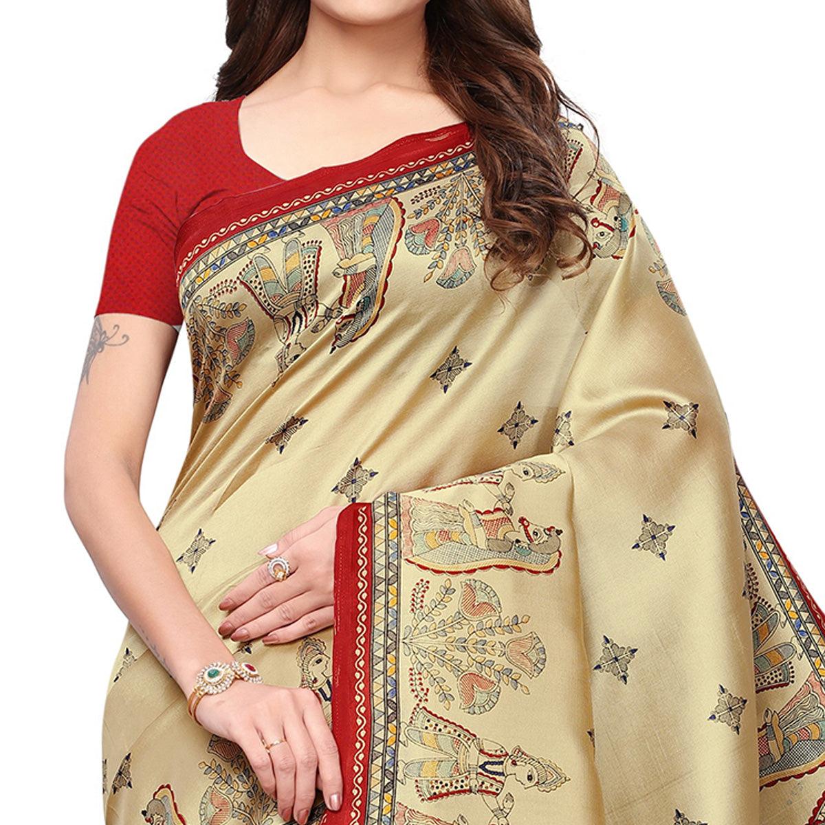 Beige-Red Printed Mysore Silk Saree - Peachmode