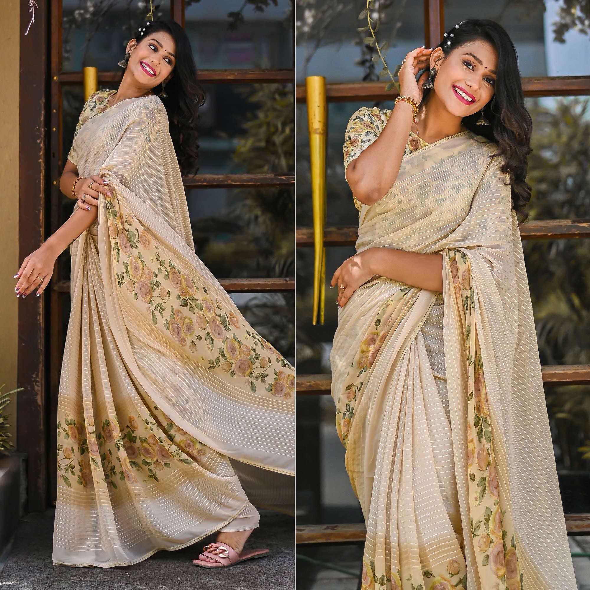 Beige Sequence Embroidered Art Silk Saree - Peachmode