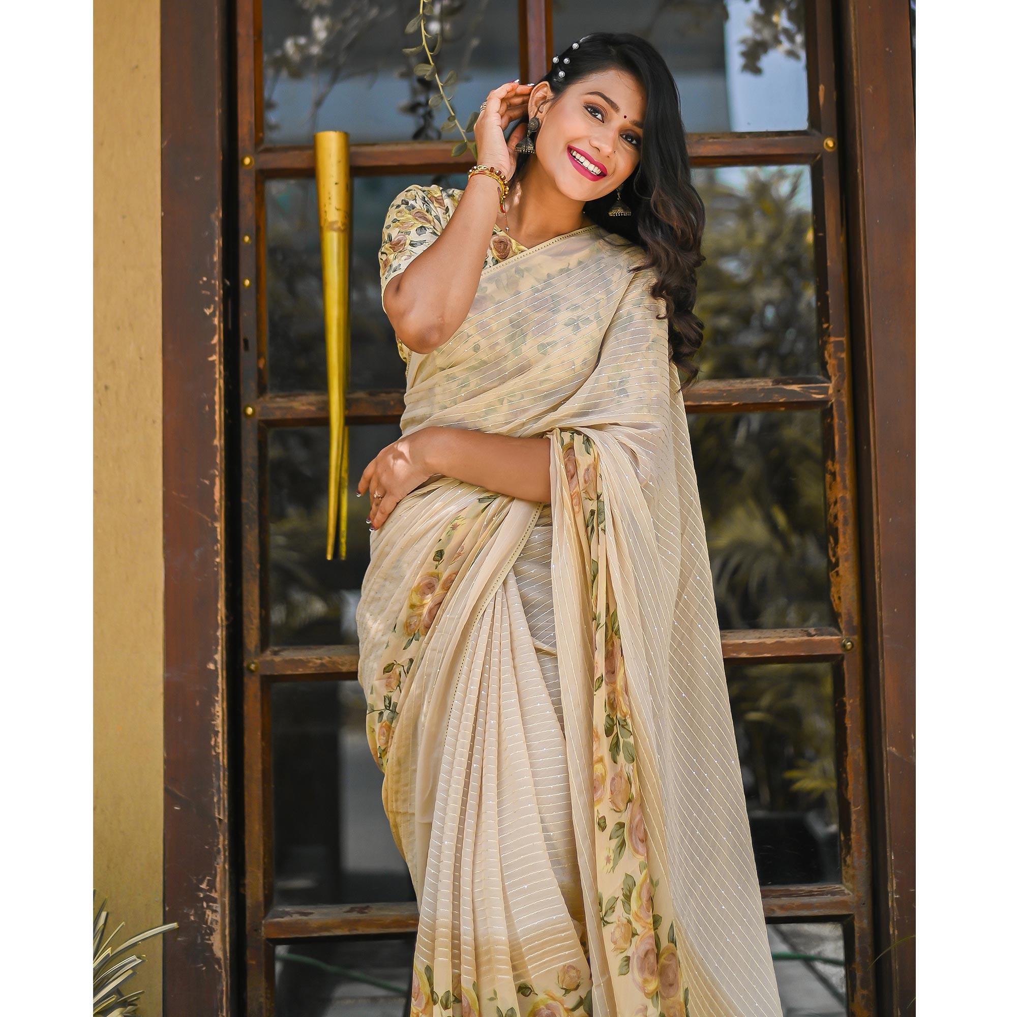 Beige Sequence Embroidered Art Silk Saree - Peachmode