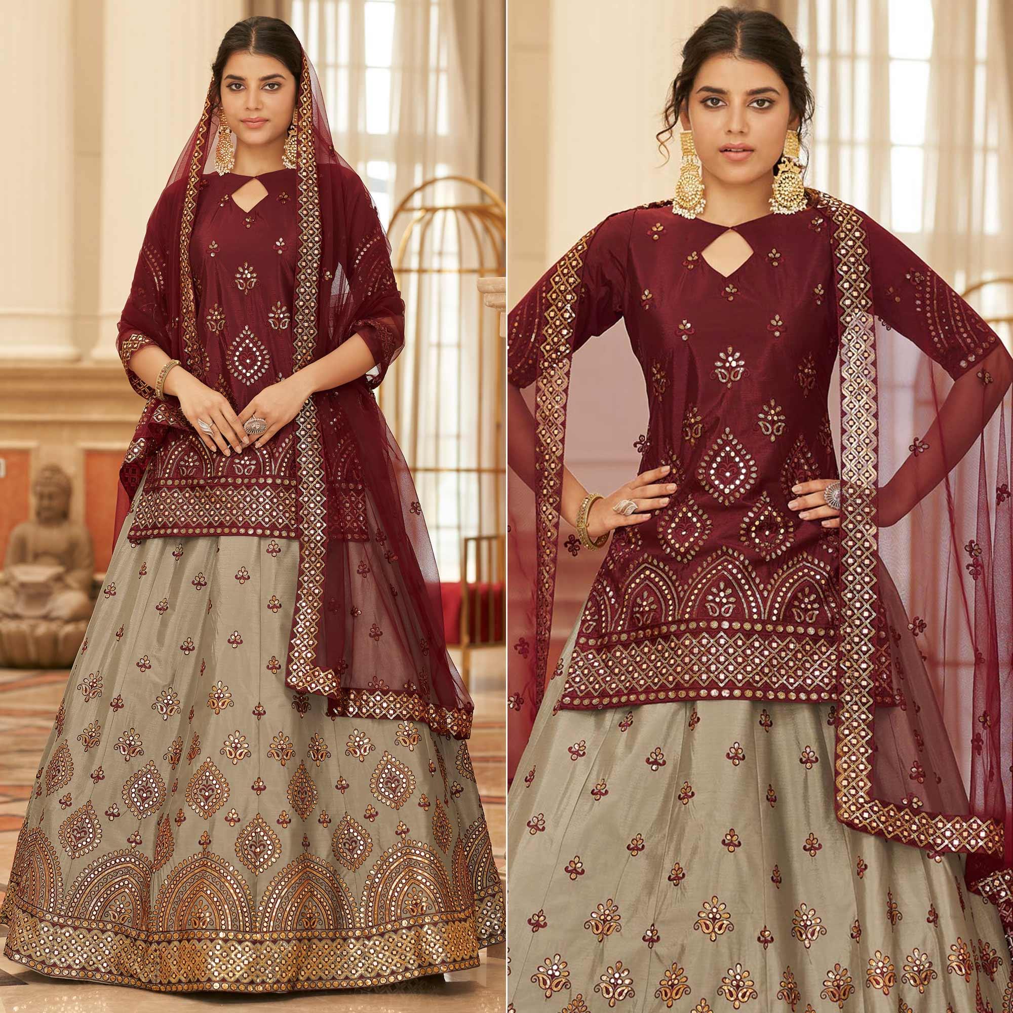 Beige Sequence Embroidered Chiffon Lehenga Choli - Peachmode