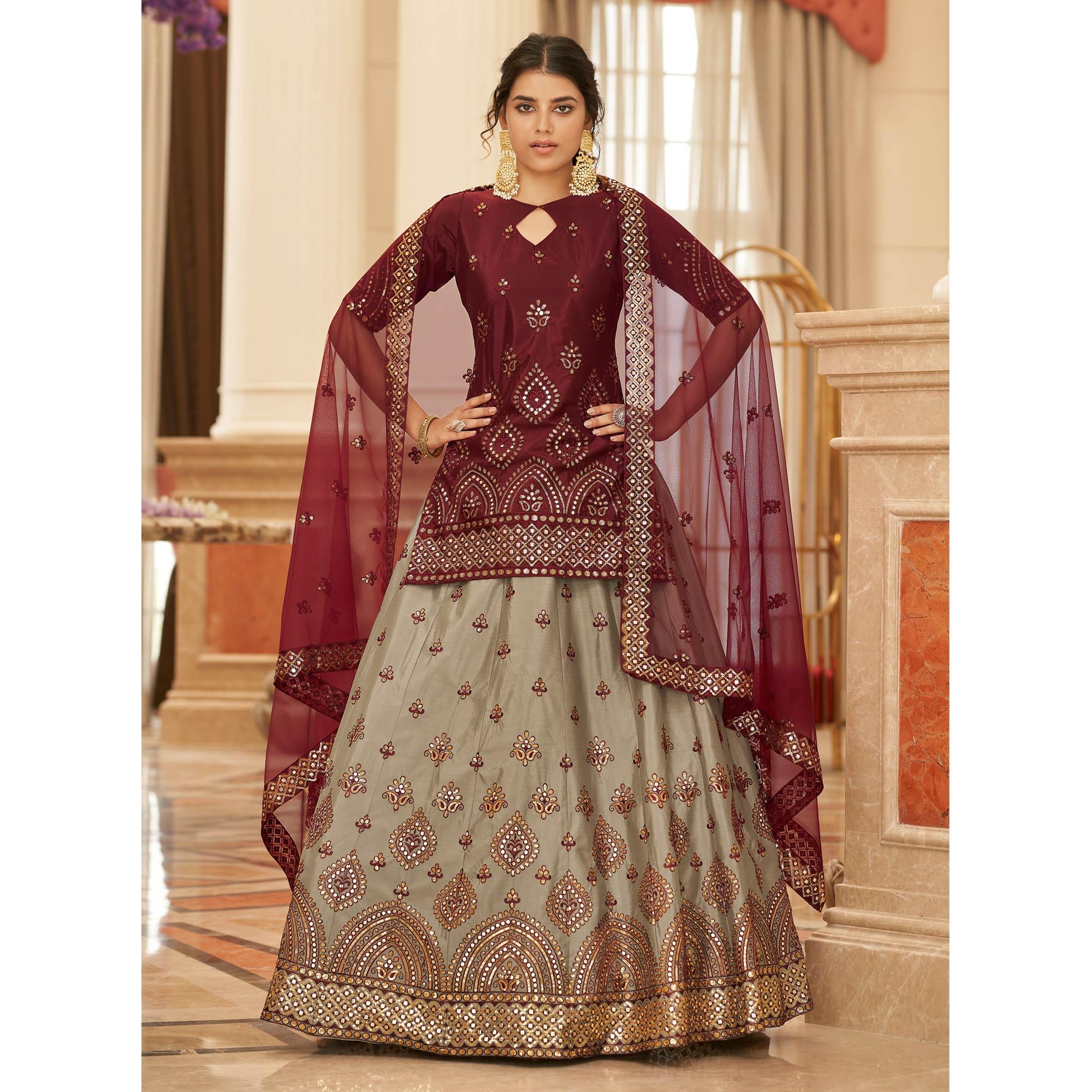 Beige Sequence Embroidered Chiffon Lehenga Choli - Peachmode