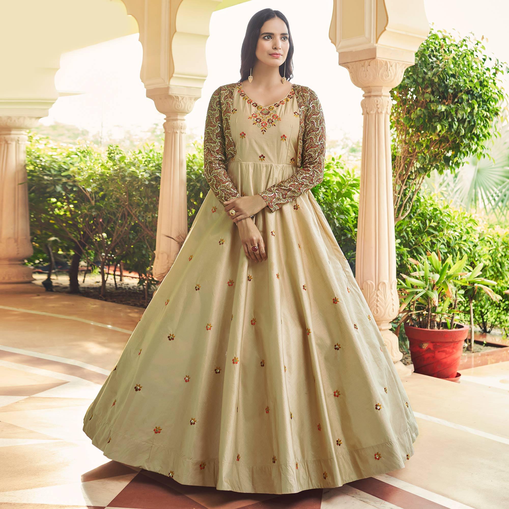 Beige Sequence Embroidered Pure Cotton Gown With Koti - Peachmode