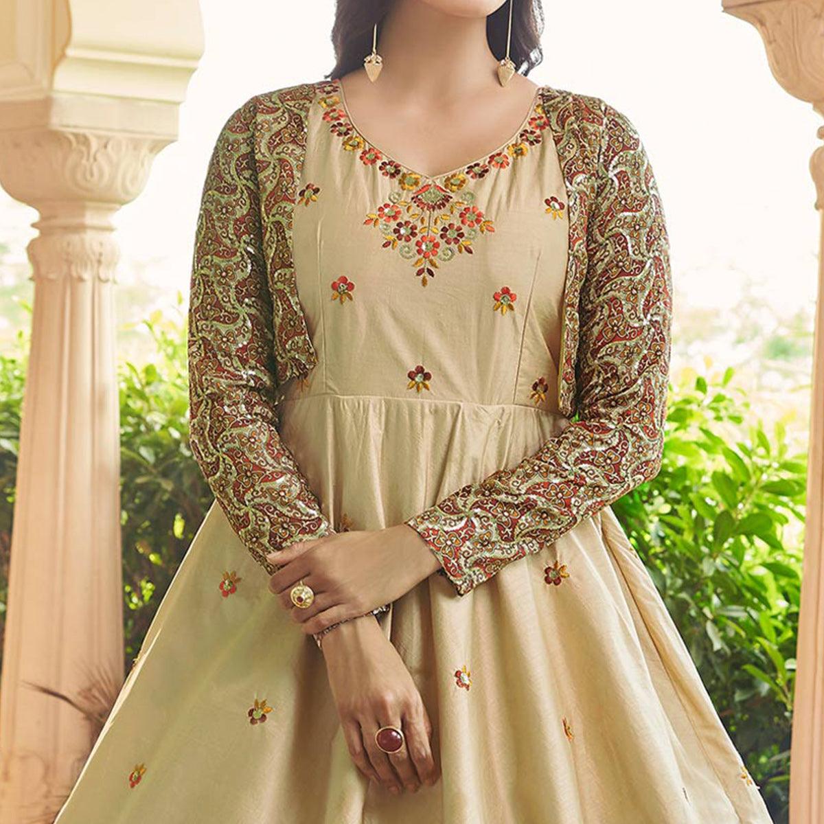 Beige Sequence Embroidered Pure Cotton Gown With Koti - Peachmode