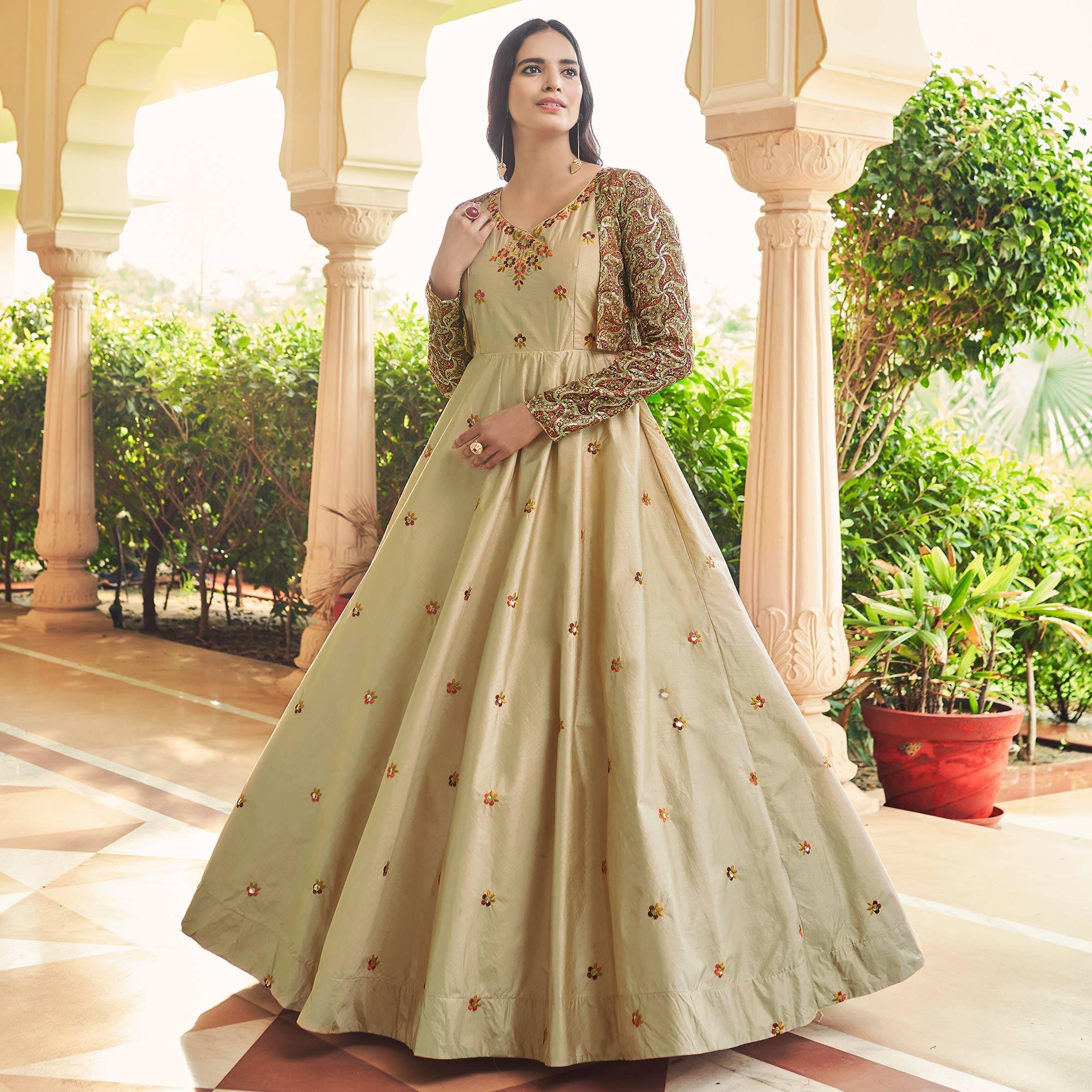 Beige Sequence Embroidered Pure Cotton Gown With Koti - Peachmode