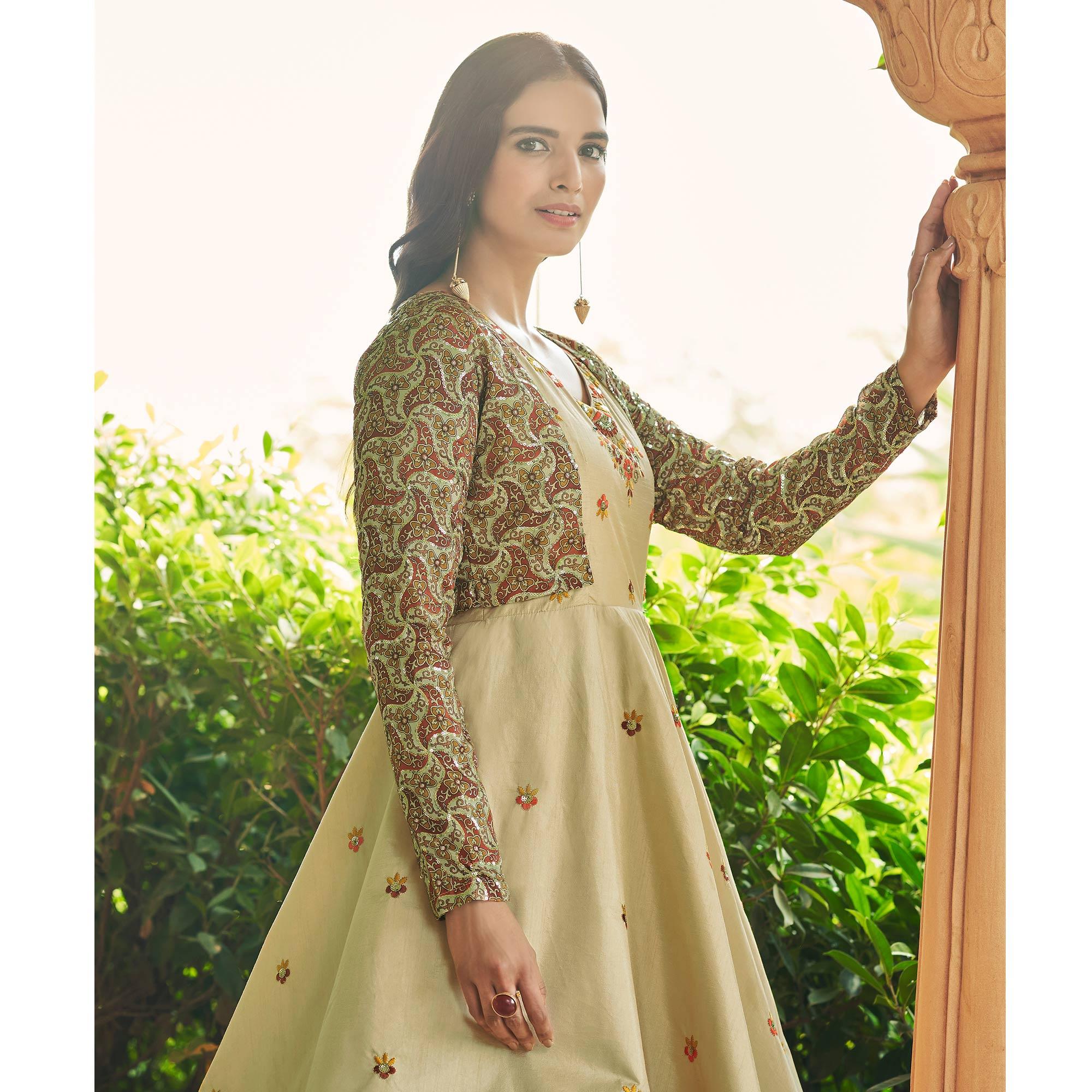 Beige Sequence Embroidered Pure Cotton Gown With Koti - Peachmode