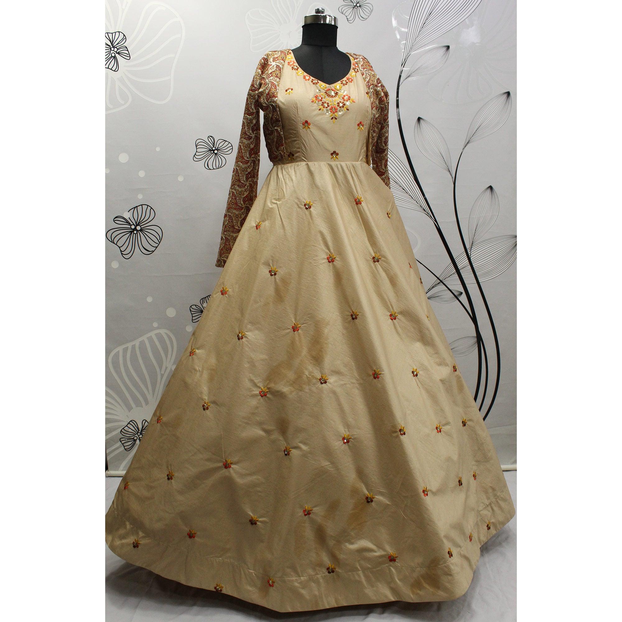 Beige Sequence Embroidered Pure Cotton Gown With Koti - Peachmode