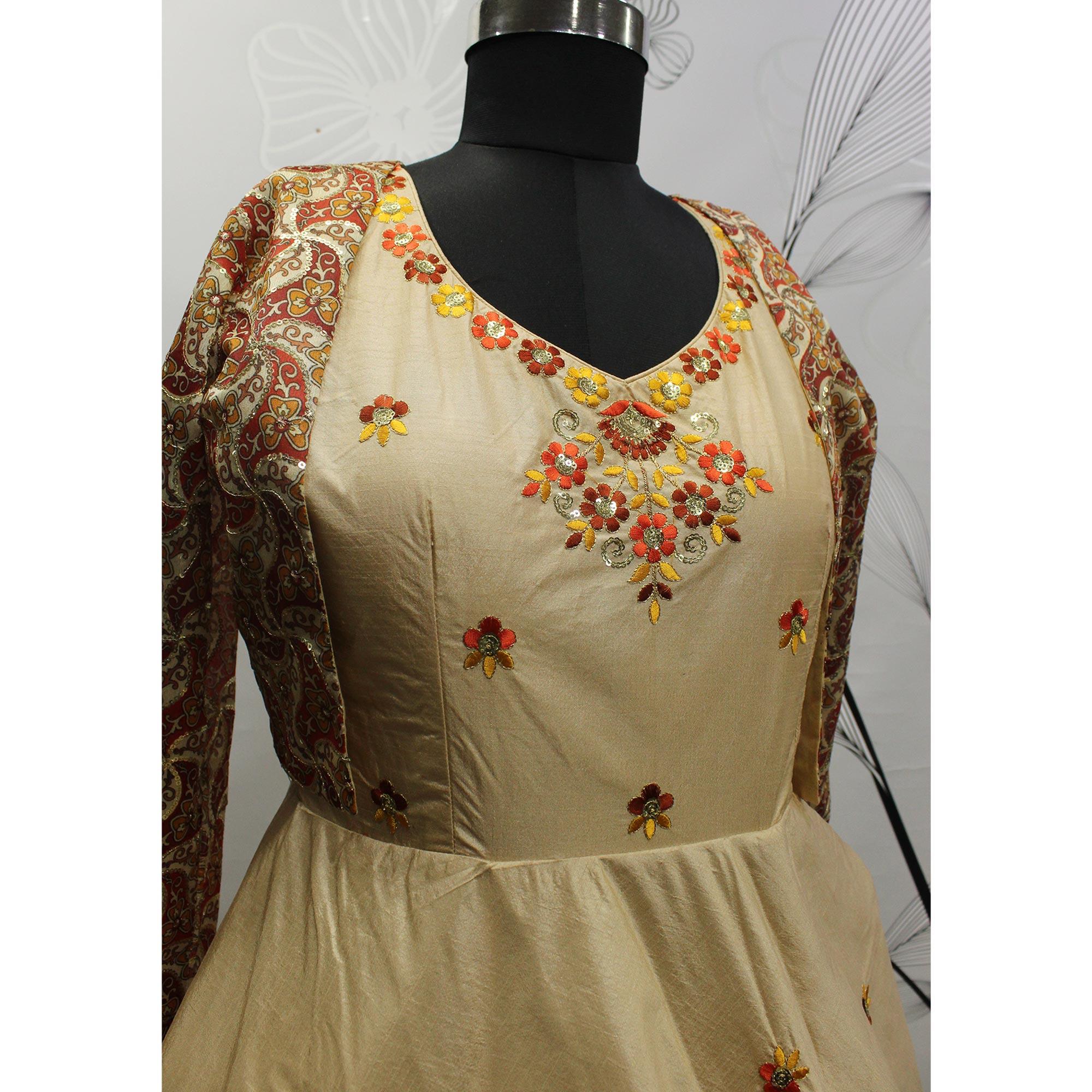 Beige Sequence Embroidered Pure Cotton Gown With Koti - Peachmode