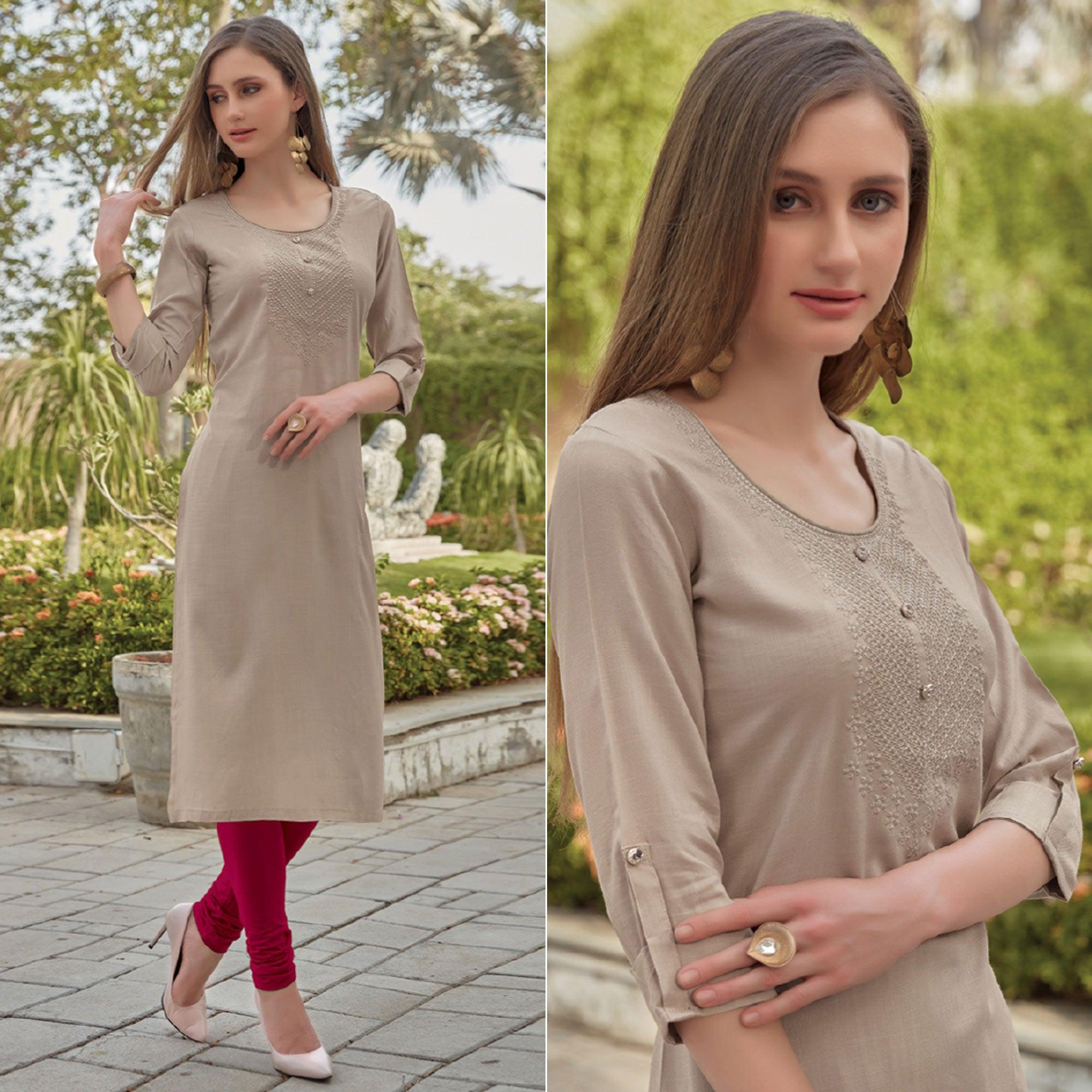 Beige Sequence Embroidered Rayon Kurti - Peachmode