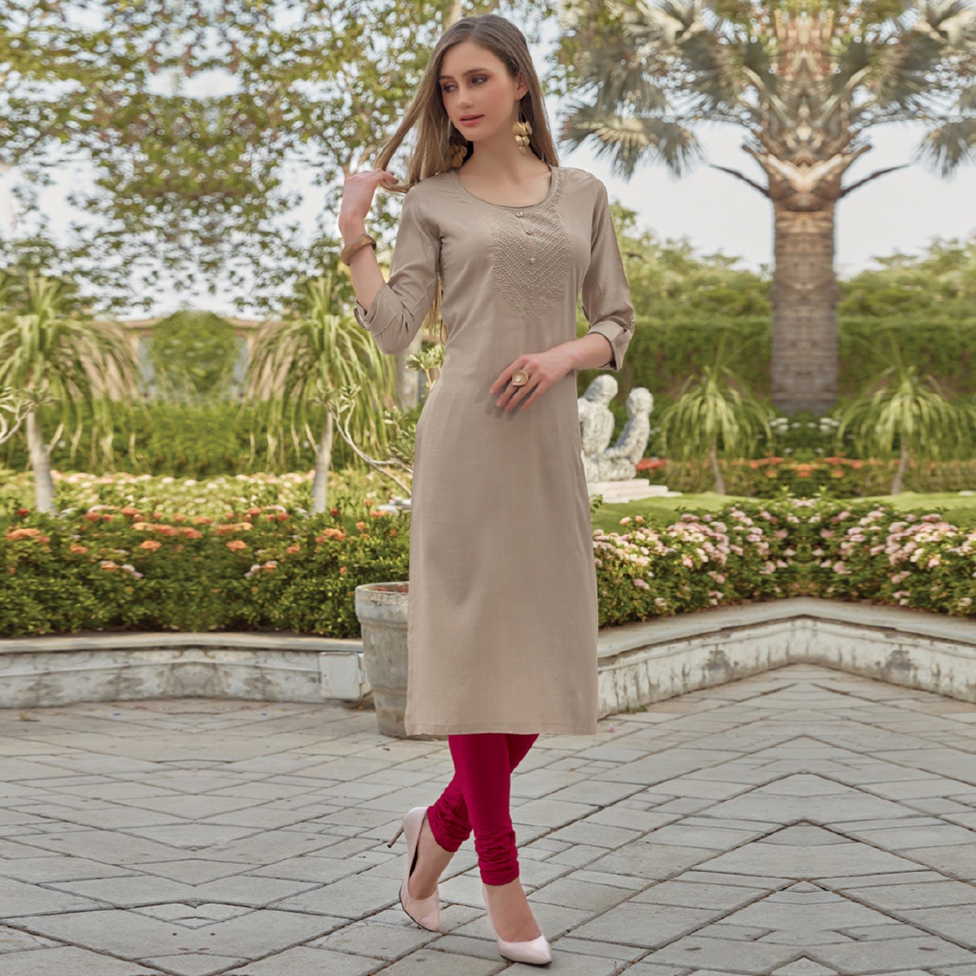 Beige Sequence Embroidered Rayon Kurti - Peachmode