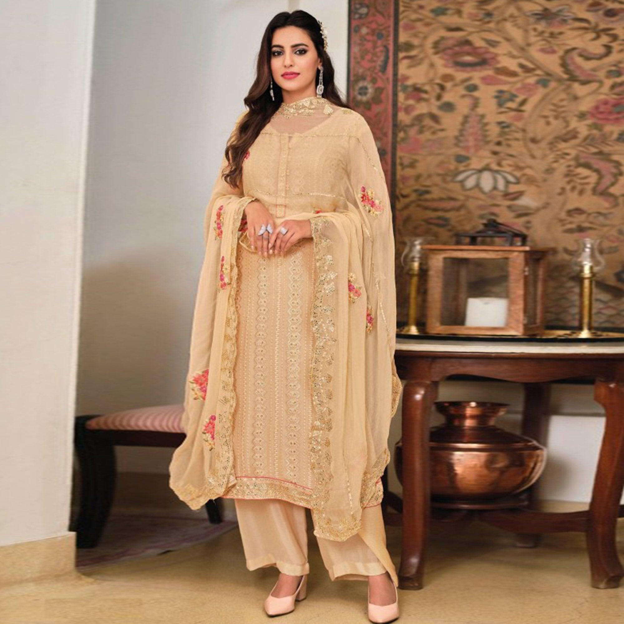 Beige Sequence Embroidered With Mirror Work Georgette Palazzo Suit - Peachmode