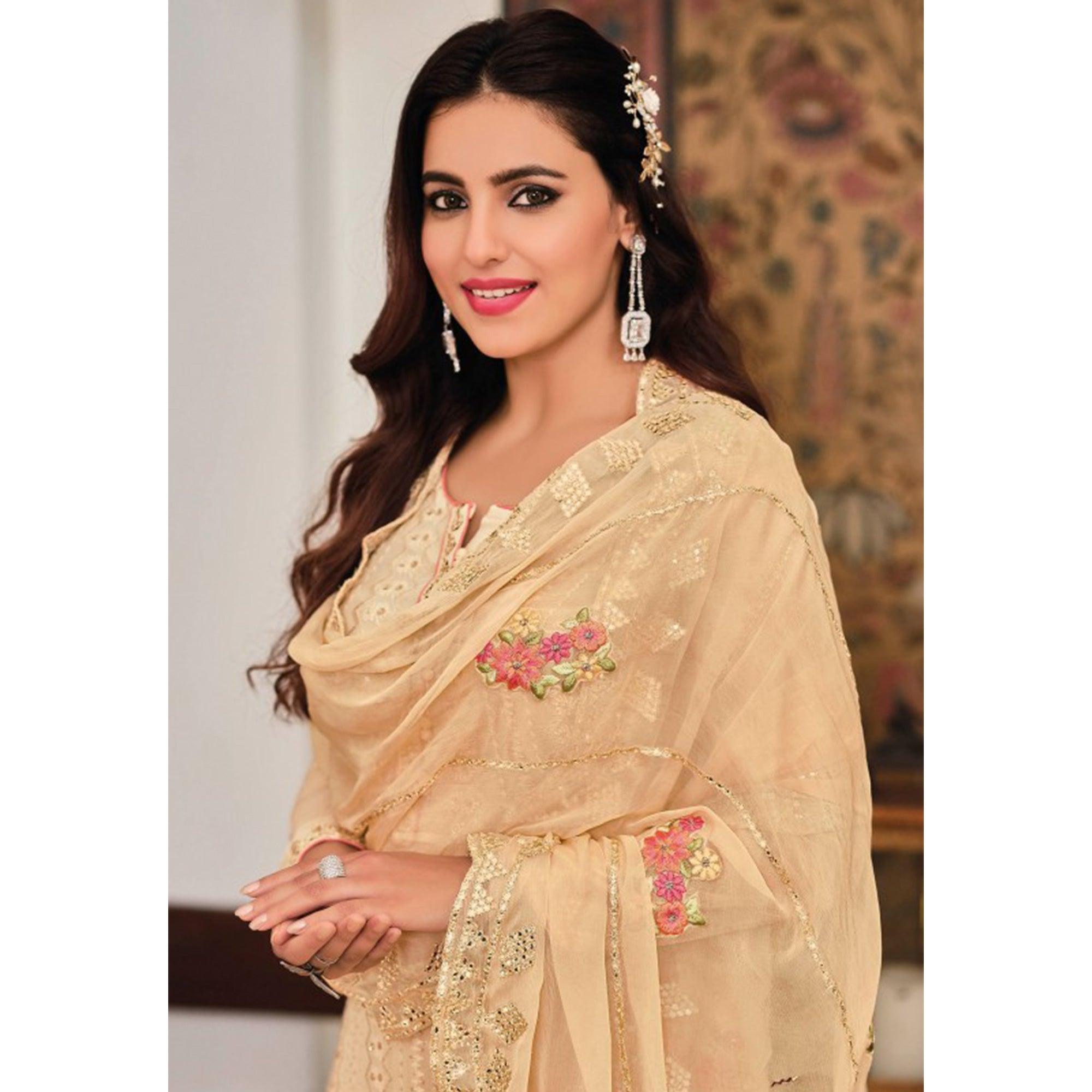 Beige Sequence Embroidered With Mirror Work Georgette Palazzo Suit - Peachmode